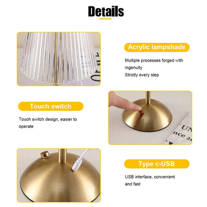 Lámpara de Mesa LED Táctil Estilo Nórdico - Luz de Noche Inalámbrica Recargable con 3 Tonos y Brillo Regulable