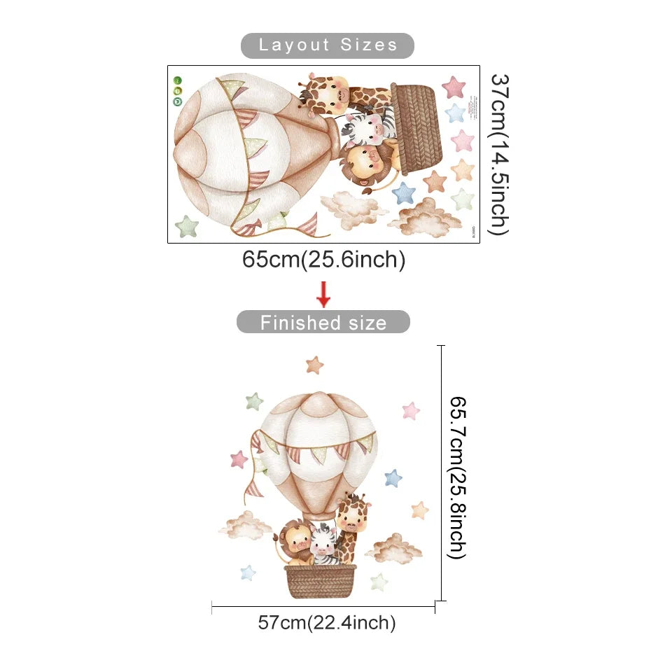 Pegatina de Pared de Vinilo Translúcido (Animales en Globo Aerostático) - Decoración Autoadhesiva y Ecológica para Habitaciones de Bebés y Niños