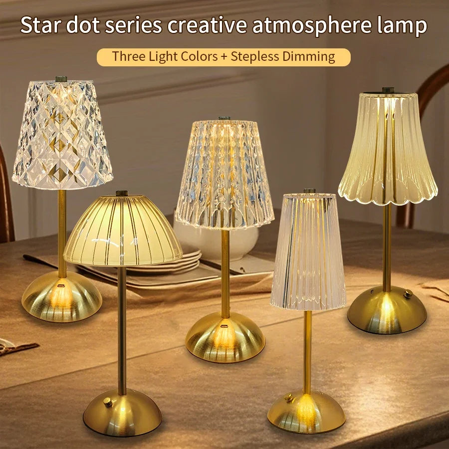 Lámpara de Mesa LED Táctil Recargable (Efecto Cristal y Puntos) - Lujo Retro Dimmable