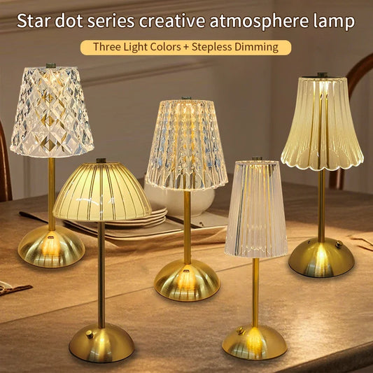 Lámpara de Mesa LED Táctil Recargable (Efecto Cristal y Puntos) - Lujo Retro Dimmable