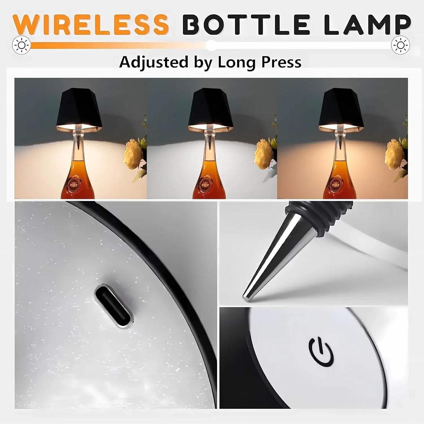 Lámpara Inalámbrica para Botellas con Control Táctil | Luz de Mesa LED 3 Colores y Brillo Regulable | Lámpara Recargable USB IP54 para Bar, Terraza y Dormitorio