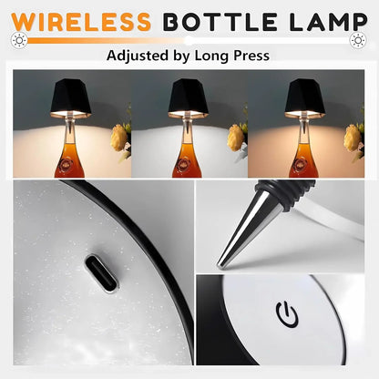 Lámpara Inalámbrica para Botellas con Control Táctil | Luz de Mesa LED 3 Colores y Brillo Regulable | Lámpara Recargable USB IP54 para Bar, Terraza y Dormitorio