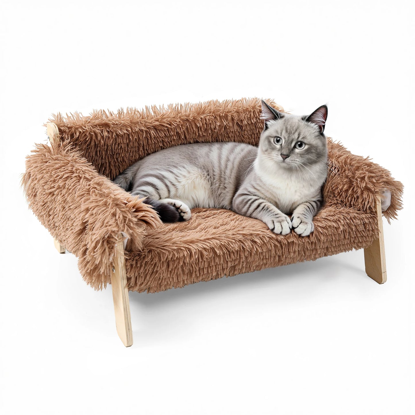 Sofá Cama Elevado de Lujo para Gatos y Perros Pequeños (Patas de Madera, Felpa Lavable)