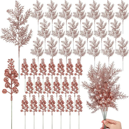 Set de 10 Bayas y Ramas Artificiales con Purpurina - Accesorios de Decoración Navideña DIY, Ramo Floral y Adornos para Árbol de Navidad