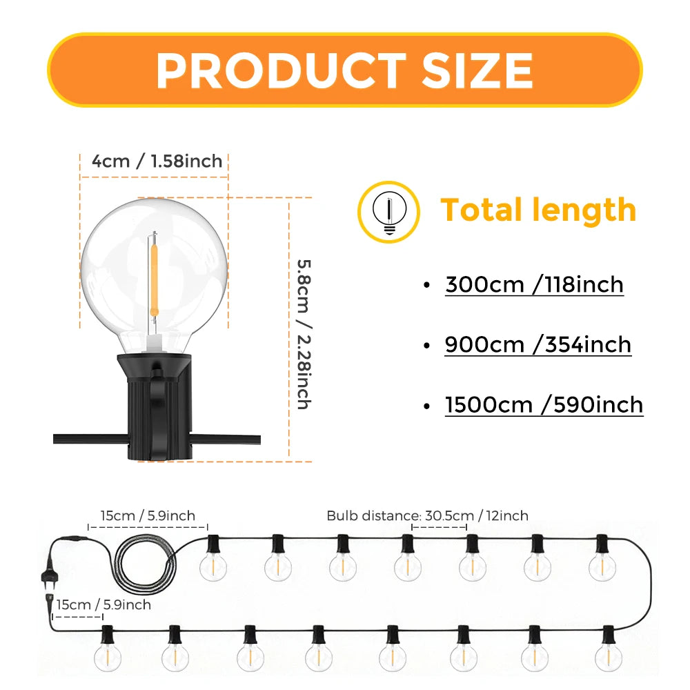 Guirnalda de Luces LED G40 Exterior, Conectable y Resistente al Agua IP65