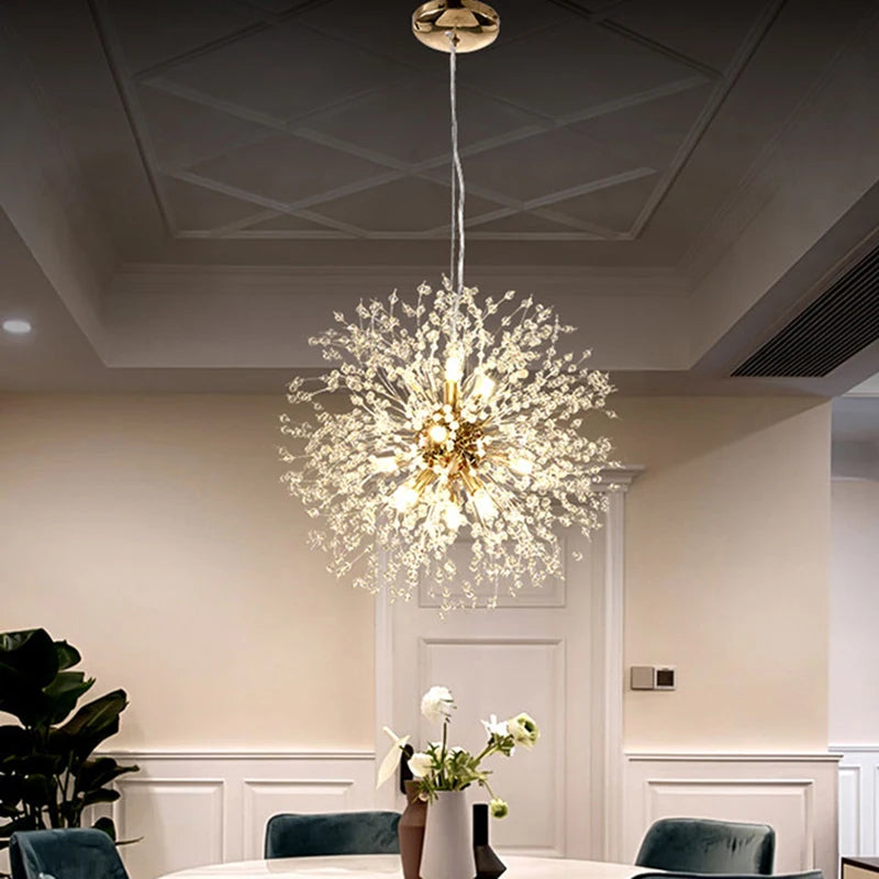 Lámpara Colgante LED Diente de León de Cristal | Chandelier Moderno Star Fireball para Salón y Comedor | Lámpara de Diseño Danés en Oro y Cromo