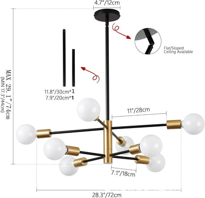 Lámpara de Techo Moderna Tipo Araña de 6 a 12 Cabezales | Lámpara Nórdica E27 para Salón y Comedor | Chandelier Industrial Negro o Dorado