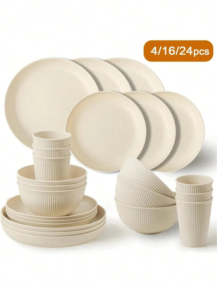 Set de Vajilla de Plástico Reutilizable (Beige) - Juego de Platos, Cuencos y Tazas para Camping y Dormitorios