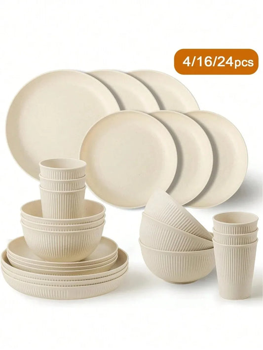 Set de Vajilla de Plástico Reutilizable (Beige) - Juego de Platos, Cuencos y Tazas para Camping y Dormitorios