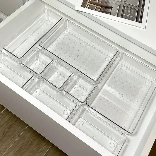 Set de 7 Organizadores Modulares para Cajones (Plástico Transparente) - Almacenamiento Versátil para Escritorio y Maquillaje