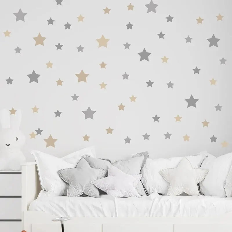 Set de 86 Adhesivos de Pared de Estrellas (Gris y Caqui) - Vinilo Removible para Guardería