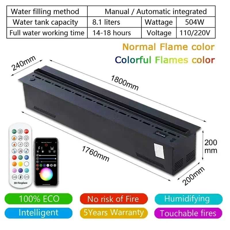 Chimenea Eléctrica 3D de Vapor de Agua con Control Tuya Smart | Fuego de Humo Frío LED Multicolor con App y Mando | Humidificador de Lujo para Salón