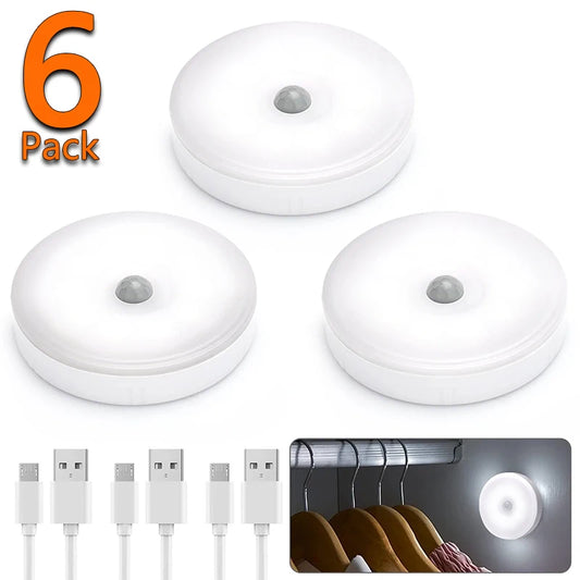 Foco LED Redondo con Sensor de Movimiento (Recargable USB) - Luz Inalámbrica y Magnética para Armario, Estantería y Bajo Mueble