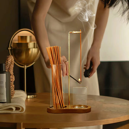 Soporte 2 en 1 para Incienso con Atrapador de Ceniza de Cristal y Base de Madera