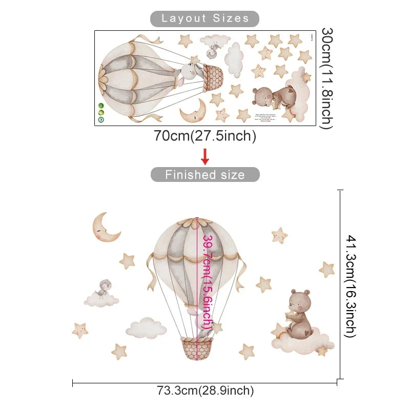 Pegatina de Pared de Vinilo Translúcido (Animales en Globo Aerostático) - Decoración Autoadhesiva y Ecológica para Habitaciones de Bebés y Niños