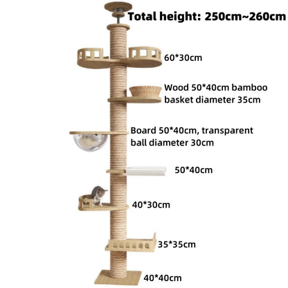 Torre Rascadora de Gatos de Suelo a Techo (Madera Natural) - Estructura Tianzhu Estable con Múltiples Plataformas y Postes de Sisal Grueso