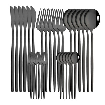 Set de Cubiertos de Lujo 30 Piezas (Acero Inoxidable) - Vajilla de Mesa en Acabado Negro y Dorado