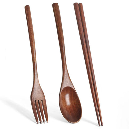 Set de Cubiertos Portátil (3 Piezas) - Tenedor, Cuchara y Palillos de Madera Natural Estilo Japonés