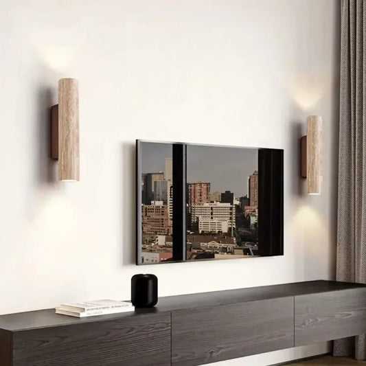 Aplique de Pared de Lujo (Travertino y Madera) - Sconce E27 con Diseño de Iluminación Simple o Doble para Salón y Dormitorio