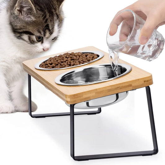 Comedero Elevado para Gatos (15° Inclinación) - Soporte de Madera con 2 Cuencos de Acero Inoxidable para Digestión y Salud Cervical