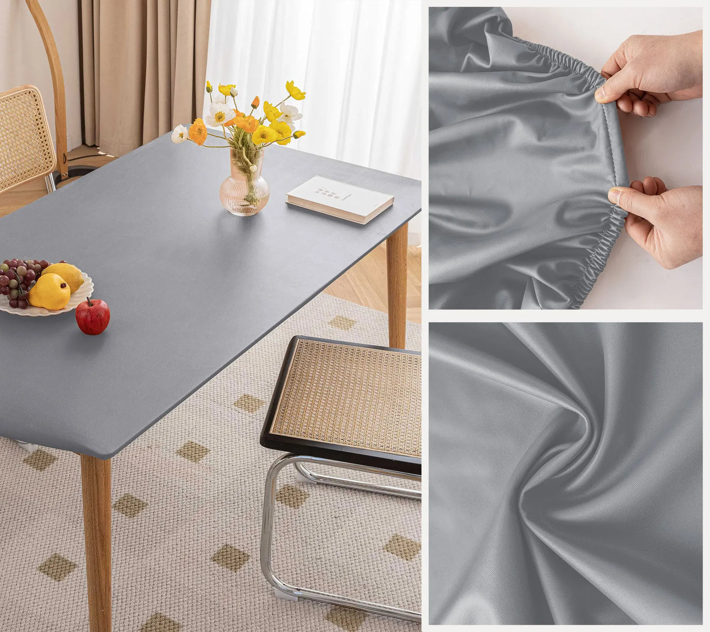 Mantel de Cuero Elástico Ajustable Impermeable y Antimanchas | Cubierta Protectora de Mesa "Full Package" Lavable | Mantel de Piel Sintética para Comedor y Mesa de Café