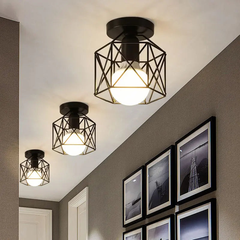 Lámpara de Techo Vintage de Jaula (Metal Negro) - Chandelier Industrial E27 para Pasillos, Foyer y Recibidores