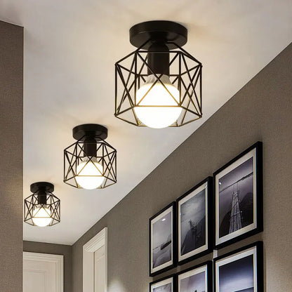 Lámpara de Techo Vintage de Jaula (Metal Negro) - Chandelier Industrial E27 para Pasillos, Foyer y Recibidores