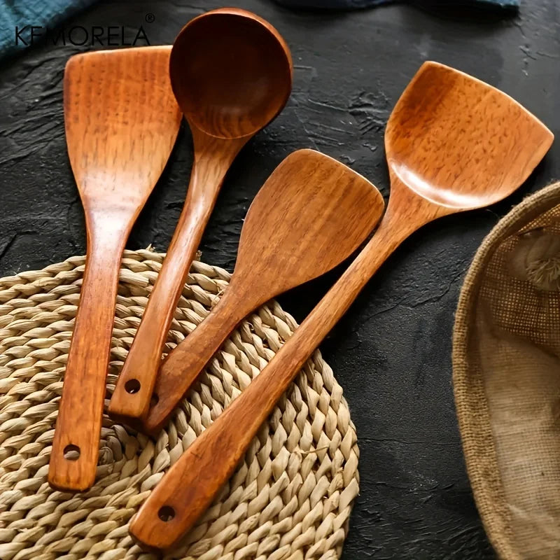 Set de 4 Utensilios de Cocina de Madera (KEMORELA) | Cucharas, Palas y Espátulas para Sartenes Antiadherentes (Herramientas Naturales)