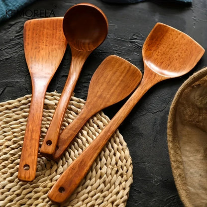 Set de 4 Utensilios de Cocina de Madera (KEMORELA) | Cucharas, Palas y Espátulas para Sartenes Antiadherentes (Herramientas Naturales)