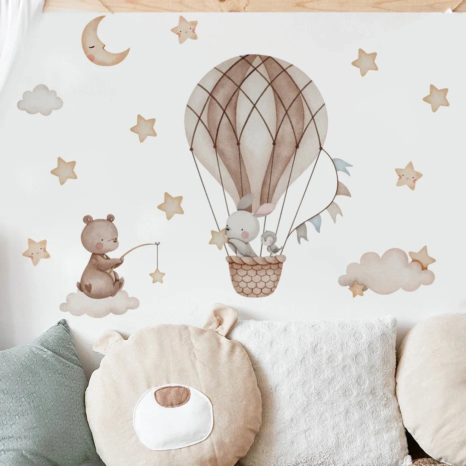 Pegatina de Pared de Vinilo Translúcido (Animales en Globo Aerostático) - Decoración Autoadhesiva y Ecológica para Habitaciones de Bebés y Niños