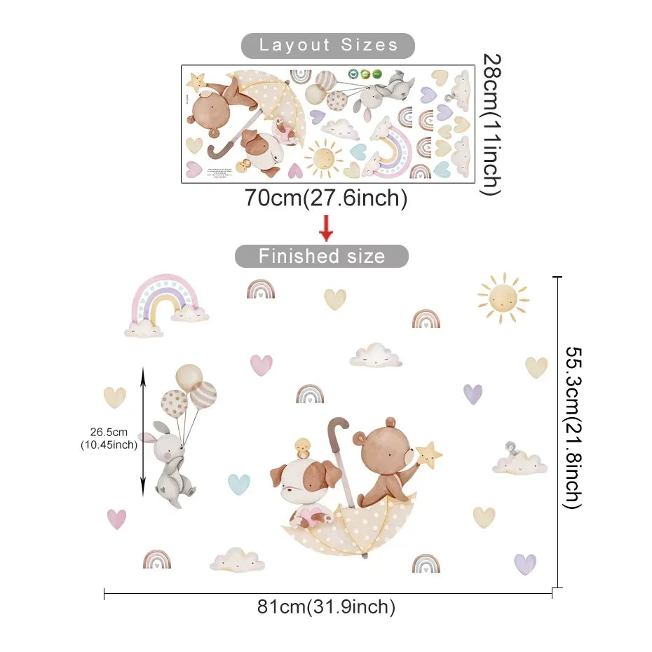 Pegatina de Pared de Vinilo Translúcido (Animales en Globo Aerostático) - Decoración Autoadhesiva y Ecológica para Habitaciones de Bebés y Niños