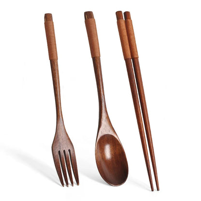 Set de Cubiertos Portátil (3 Piezas) - Tenedor, Cuchara y Palillos de Madera Natural Estilo Japonés