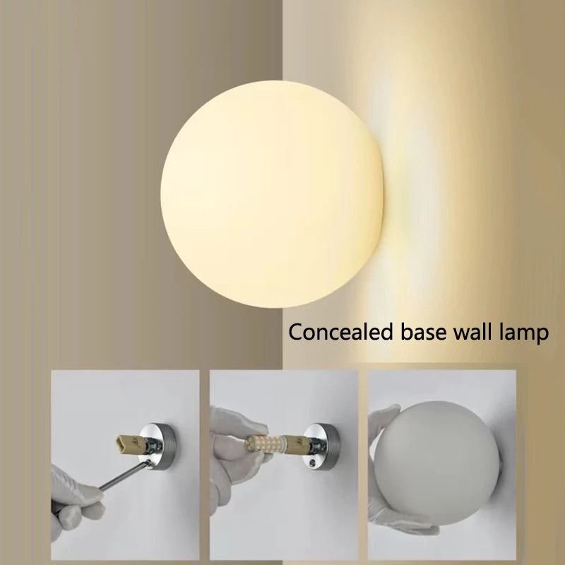 Aplique de Pared Bauhaus (Base Oculta) - Lámpara Sconce de Bola de Cristal Blanco para Estilo Francés Moderno