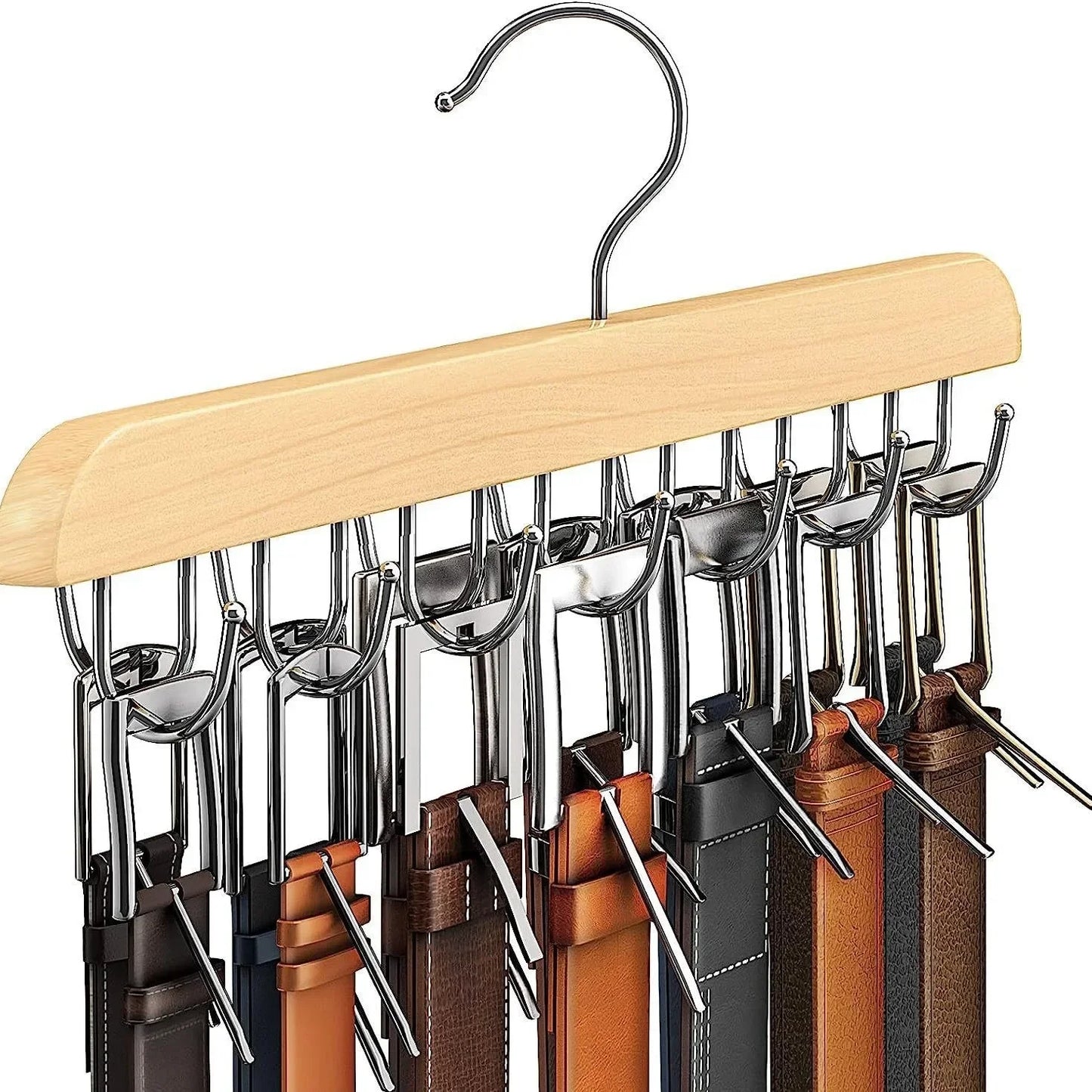 Percha Organizadora de Madera (Múltiples Ganchos) - Rack Elegante para Cinturones, Corbatas y Bufandas