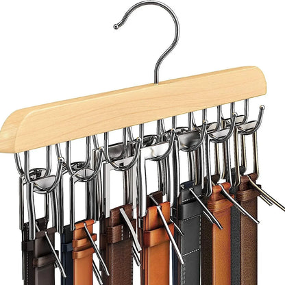 Percha Organizadora de Madera (Múltiples Ganchos) - Rack Elegante para Cinturones, Corbatas y Bufandas