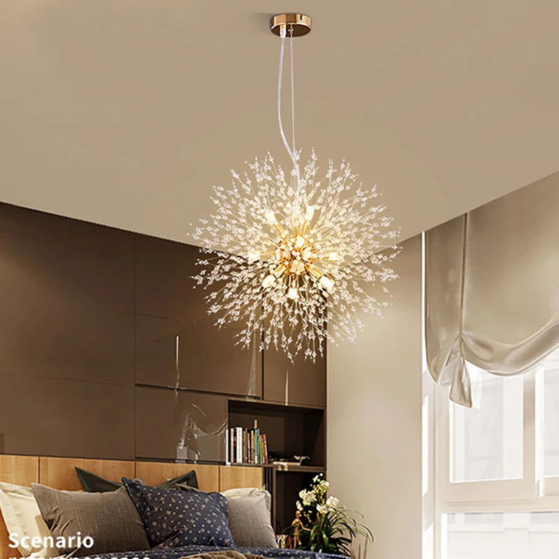 Lámpara Colgante LED Diente de León de Cristal | Chandelier Moderno Star Fireball para Salón y Comedor | Lámpara de Diseño Danés en Oro y Cromo
