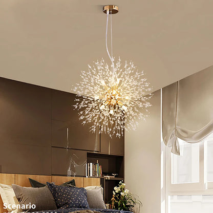 Lámpara Colgante LED Diente de León de Cristal | Chandelier Moderno Star Fireball para Salón y Comedor | Lámpara de Diseño Danés en Oro y Cromo