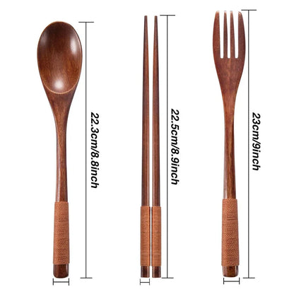Set de Cubiertos Portátil (3 Piezas) - Tenedor, Cuchara y Palillos de Madera Natural Estilo Japonés