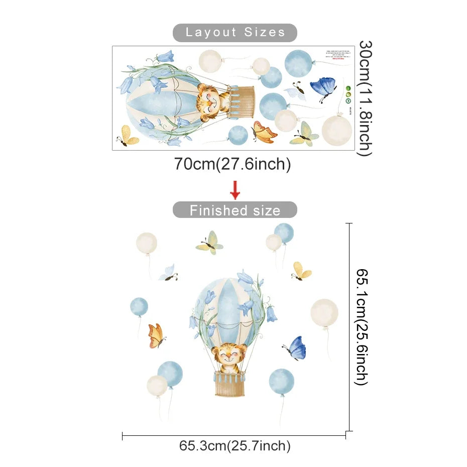 Pegatina de Pared de Vinilo Translúcido (Animales en Globo Aerostático) - Decoración Autoadhesiva y Ecológica para Habitaciones de Bebés y Niños
