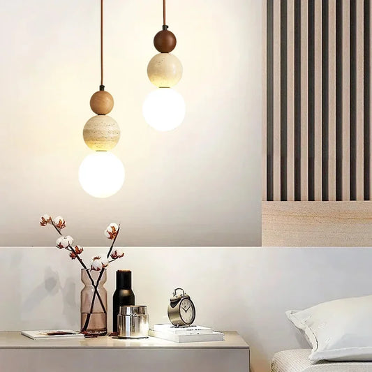 Lámpara Colgante Cream Style de Diseño Bauhaus | Chandelier LED de Piedra y Madera para Dormitorio y Mesita de Noche | Lámpara Nórdica Medieval para Bar y Restaurante