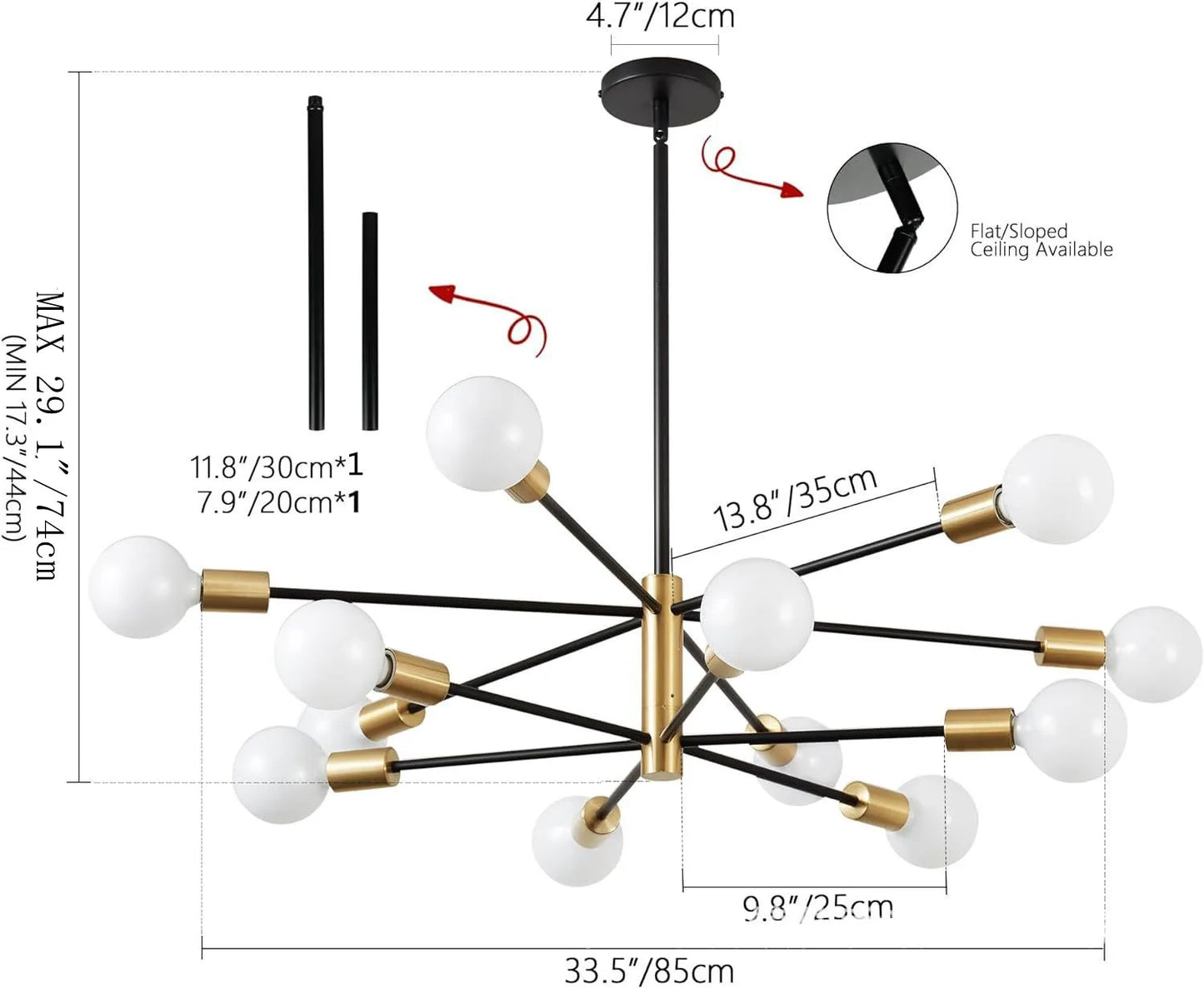 Lámpara de Techo Moderna Tipo Araña de 6 a 12 Cabezales | Lámpara Nórdica E27 para Salón y Comedor | Chandelier Industrial Negro o Dorado