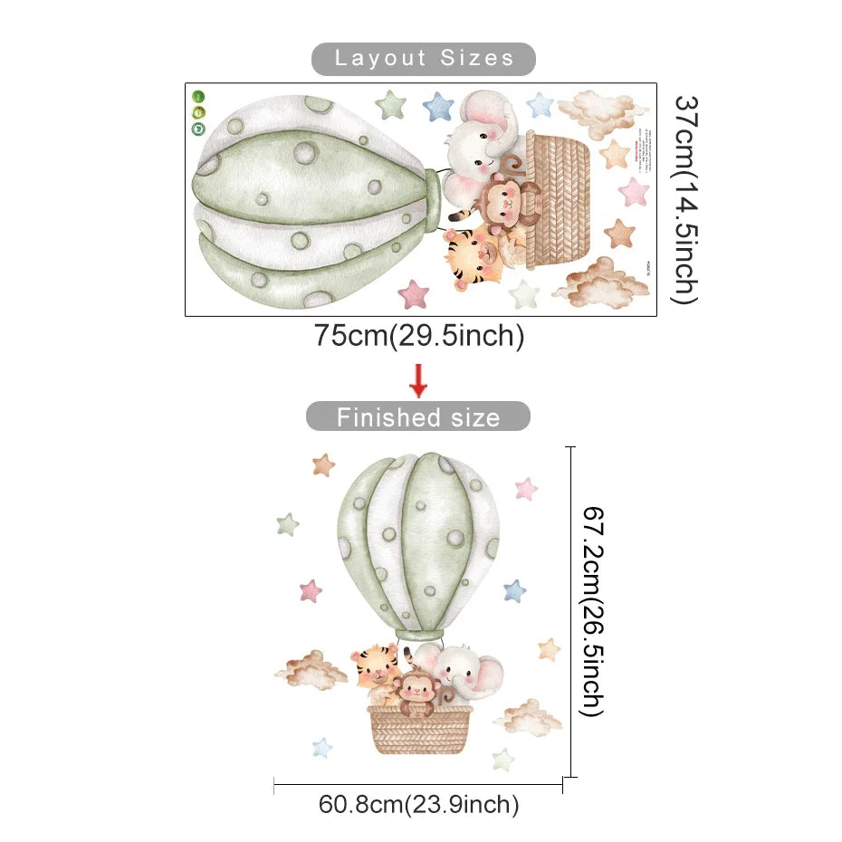 Pegatina de Pared de Vinilo Translúcido (Animales en Globo Aerostático) - Decoración Autoadhesiva y Ecológica para Habitaciones de Bebés y Niños