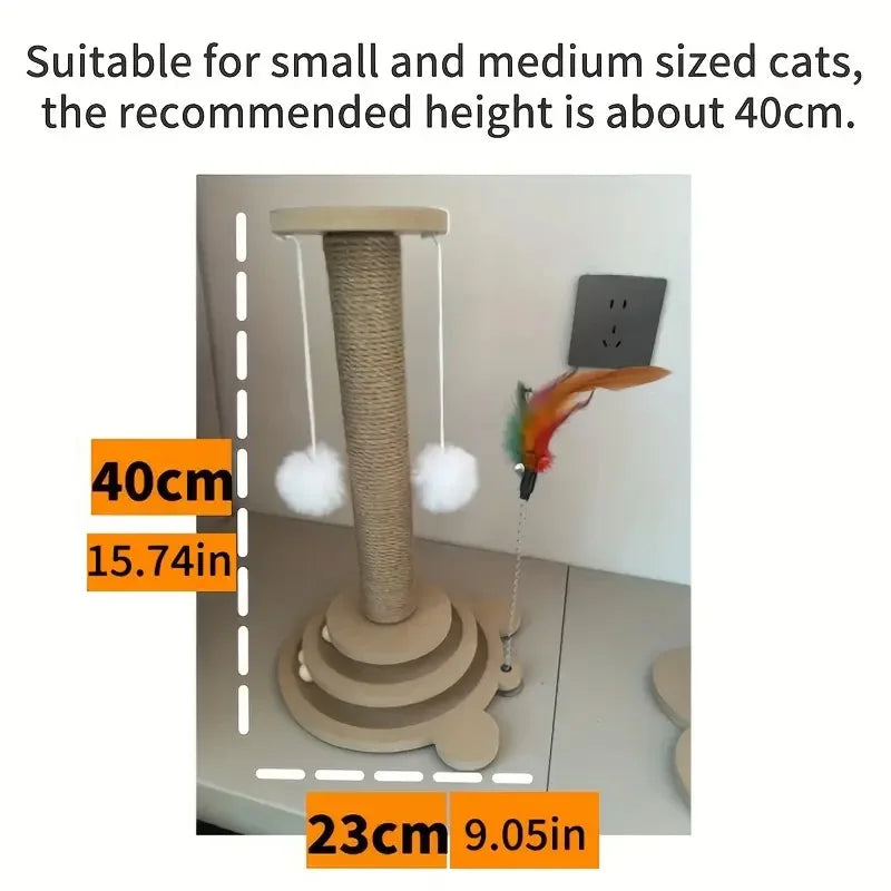 Juguete Interactivo para Gatos (Madera y Sisal) - Rascador, Plataforma Giratoria y Columna de Agarre Multifuncional
