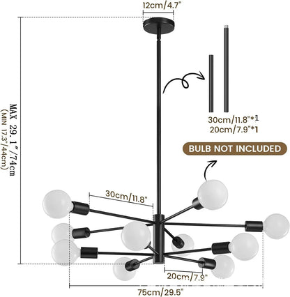 Lámpara de Techo Moderna Tipo Araña de 6 a 12 Cabezales | Lámpara Nórdica E27 para Salón y Comedor | Chandelier Industrial Negro o Dorado