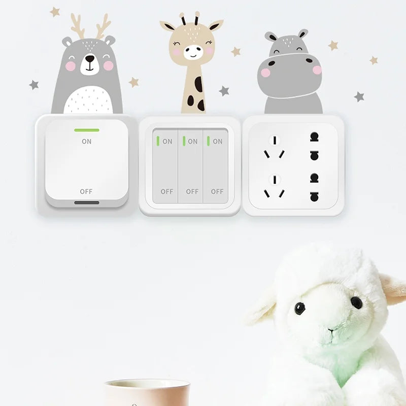 Set de 6 Pegatinas Bohemias para Interruptores y Pared - Adhesivos Autoadhesivos de PVC Transparente con Animales Sonrientes y Estrellas para Cuarto de Bebé