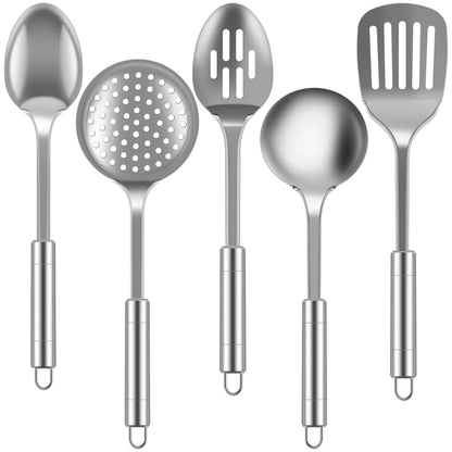 Set de 5 Utensilios de Cocina de Acero Inoxidable | Cucharas y Espátulas de Metal Resistente con Mango Ergonómico (Apto para Lavavajillas)