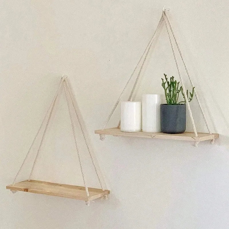 Estante Colgante de Madera con Cuerda de Cáñamo | Repisa Flotante Estilo Boho para Plantas, Macetas y Fotos | Decoración de Pared 35x14cm
