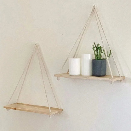 Estante Colgante de Madera con Cuerda de Cáñamo | Repisa Flotante Estilo Boho para Plantas, Macetas y Fotos | Decoración de Pared 35x14cm
