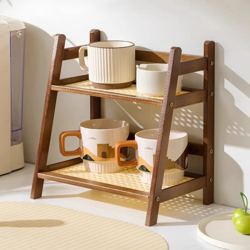 Organizador de Encimera de Bambú de 2 Niveles - Estante Multiusos para Tazas de Café, Almacenamiento Natural para Cocina, Tocador y Hotel