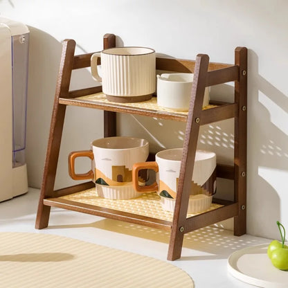 Organizador de Encimera de Bambú de 2 Niveles - Estante Multiusos para Tazas de Café, Almacenamiento Natural para Cocina, Tocador y Hotel